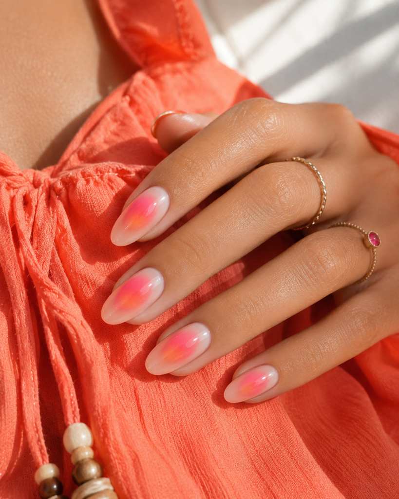 Medium almond nails with translucent nude bases and softly diffused pink-and-orange aura centers, finished with a glossy glazed shine, hand resting on vibrant coral fabric in warm natural window light.