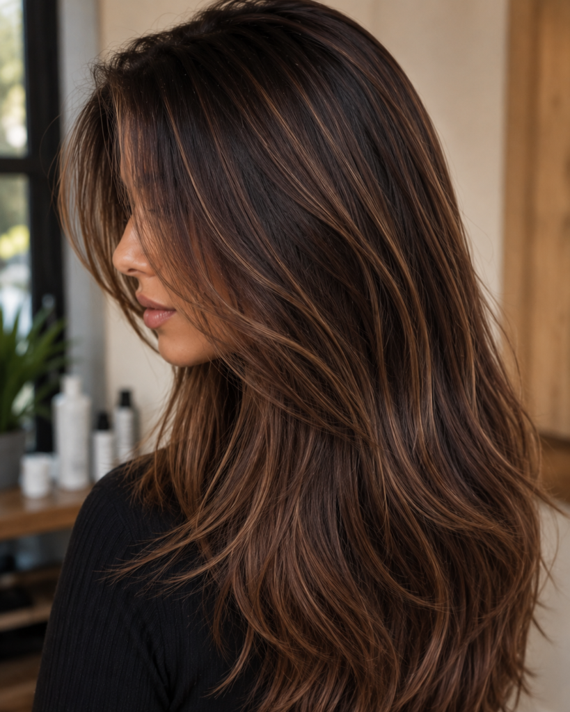 Medium brunette hair with fine soft caramel micro-highlights, natural straight texture, and subtle glossy dimension.