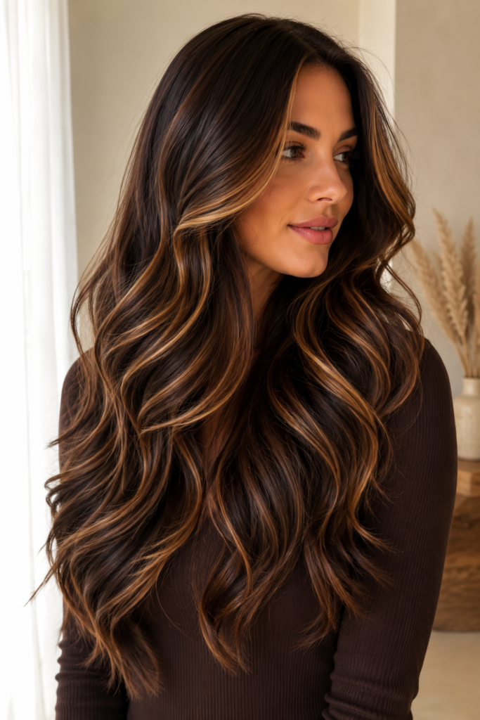 Medium dark brown hair with warm caramel face-framing highlights, long layers, center part, and soft waves.