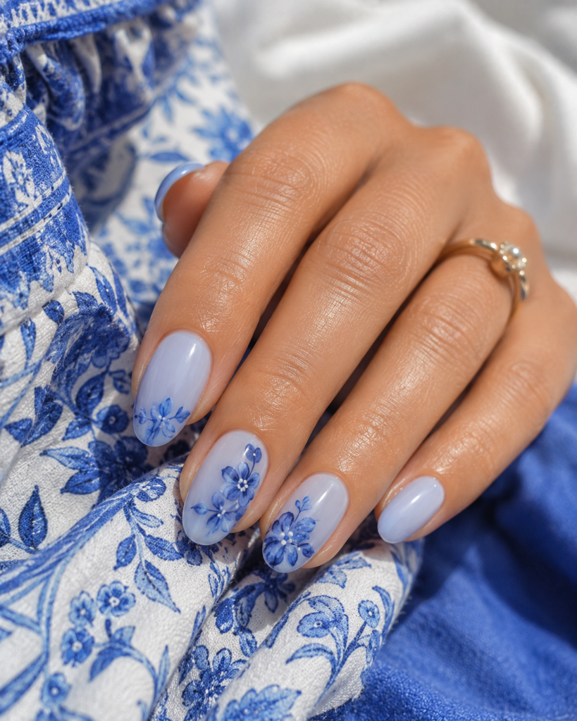 Medium oval nails with a glossy sheer pale-blue base and delicate cobalt-blue floral accents with tiny white centers, hand resting beside folded blue-and-white fabric in soft daylight for a fresh, elegant summer manicure look.