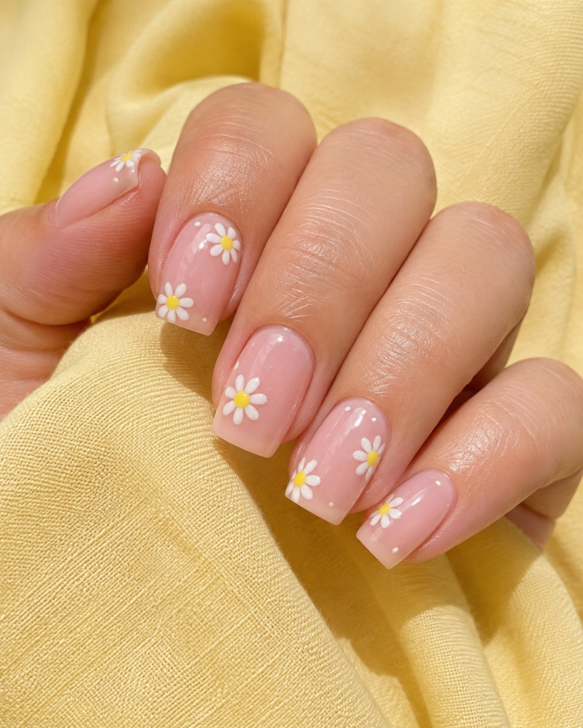 Medium square nails with a sheer pale pink glossy base and tiny white daisies with sunny yellow centers, resting on soft pastel yellow fabric in diffused natural light.