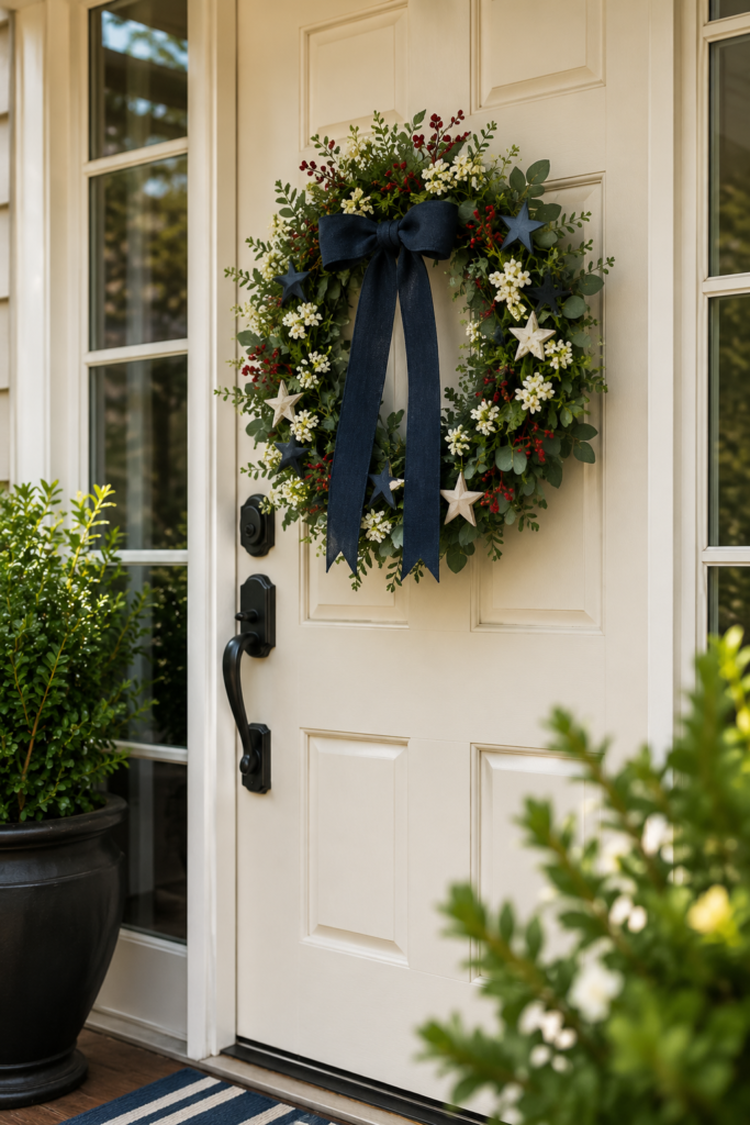 memorial day decorations featuring a simple Americana wreath on front door
