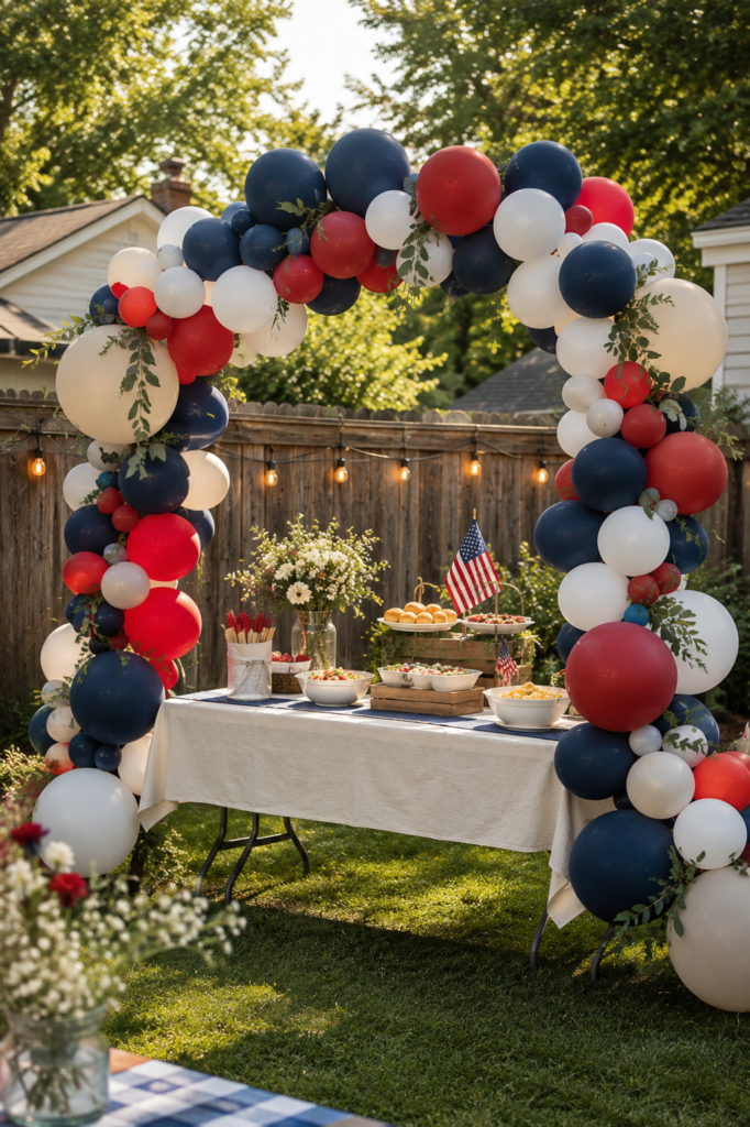 memorial day decorations with a restrained red white blue balloon arch