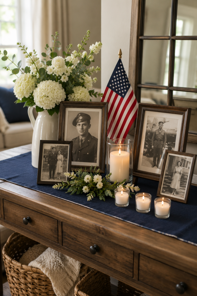 memorial day decorations with family photos, flowers, and small flag display