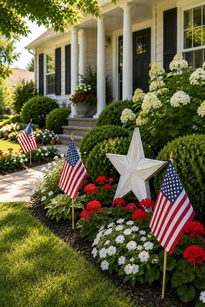memorial day decorations with flags, flowers, and white yard star display