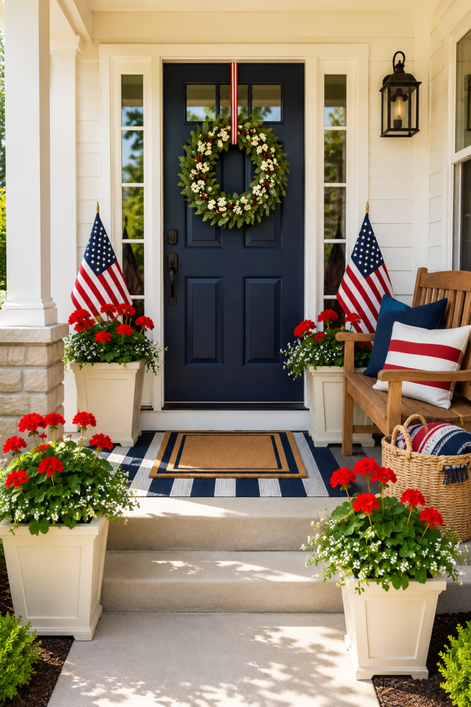 memorial day decorations with flags, planters, and patriotic front porch styling