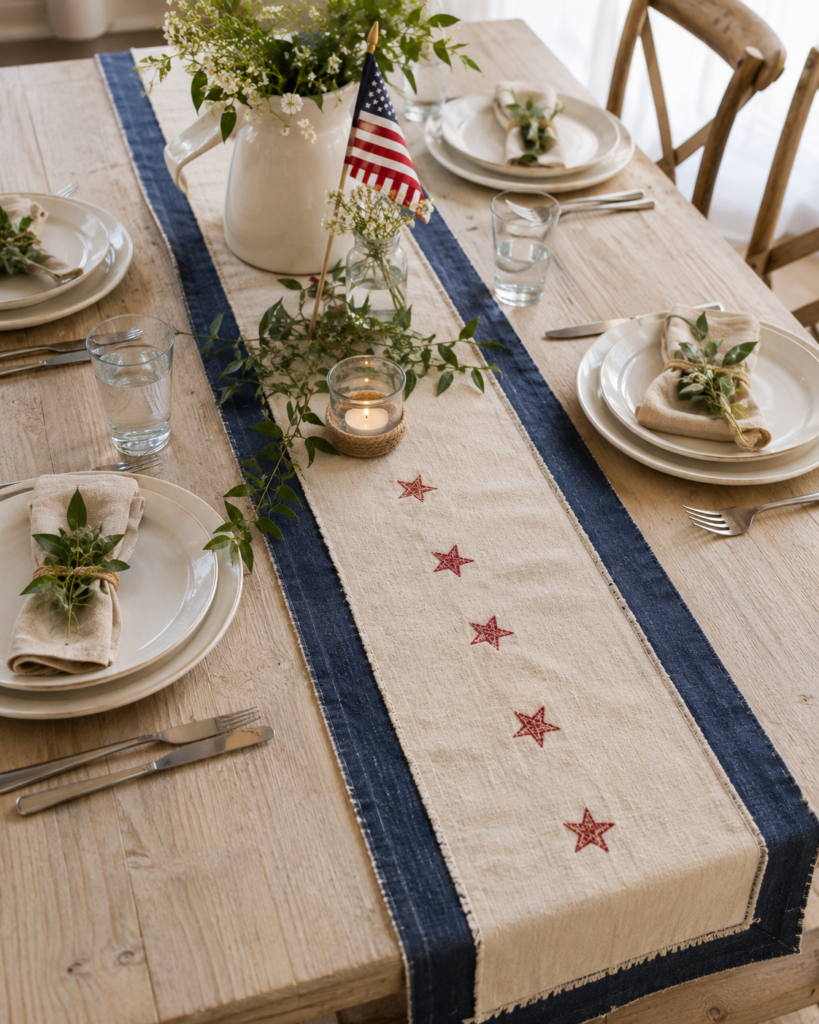 memorial day decorations with handmade navy bordered patriotic table runner