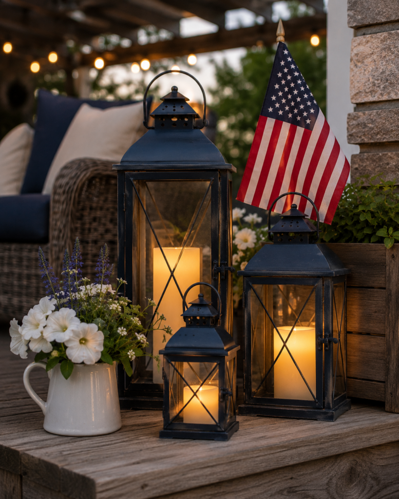 memorial day decorations with lanterns, flowers, and a small American flag