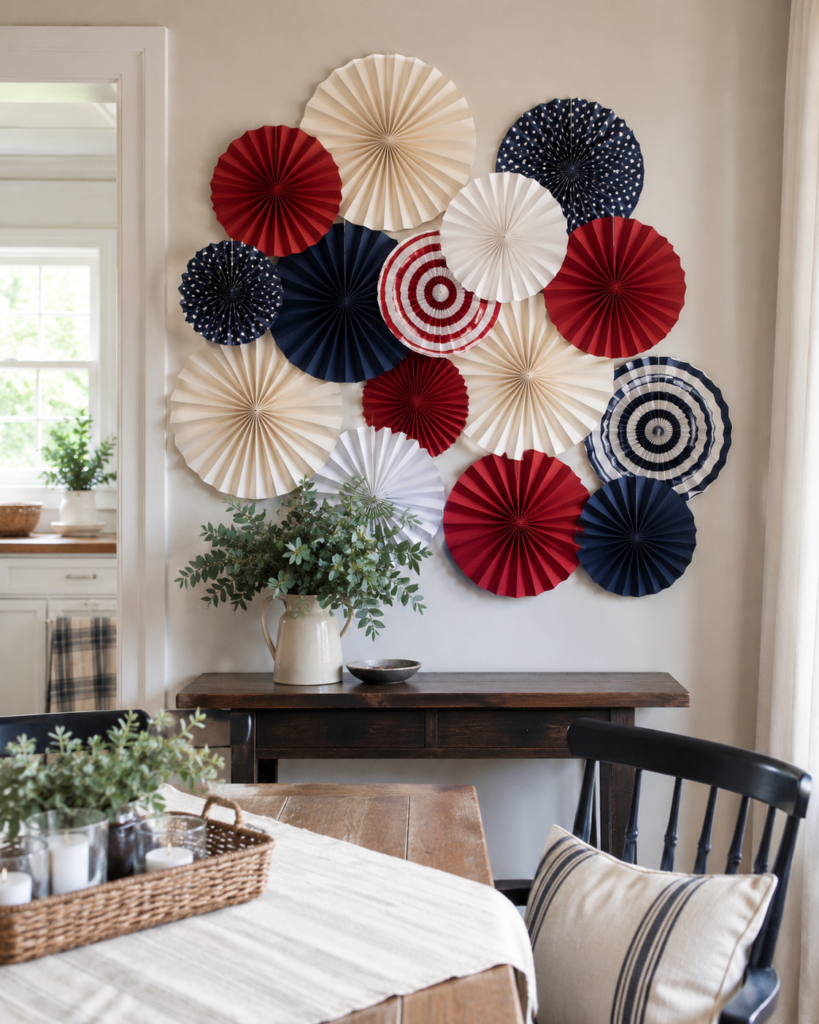 memorial day decorations with paper fan backdrop in soft patriotic colors