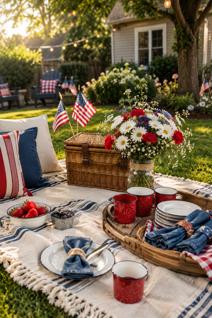 memorial day decorations with patriotic backyard picnic blanket and tableware