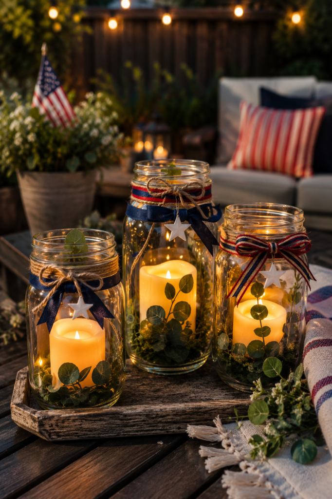 memorial day decorations with patriotic mason jar lanterns glowing outdoors