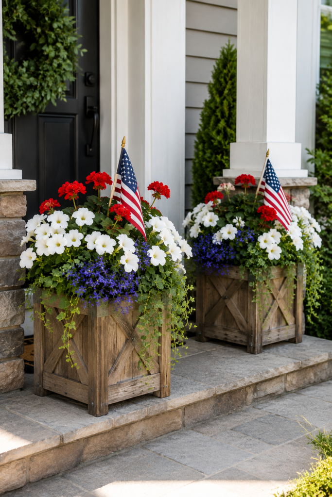 memorial day decorations with patriotic red white and blue porch planters