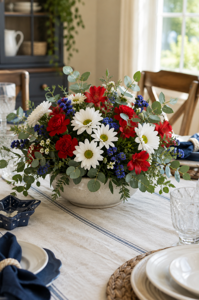 memorial day decorations with red flowers, white blooms, and greenery centerpiece