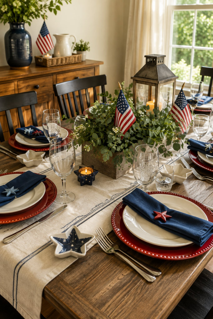 memorial day decorations with red white and blue dining table settings