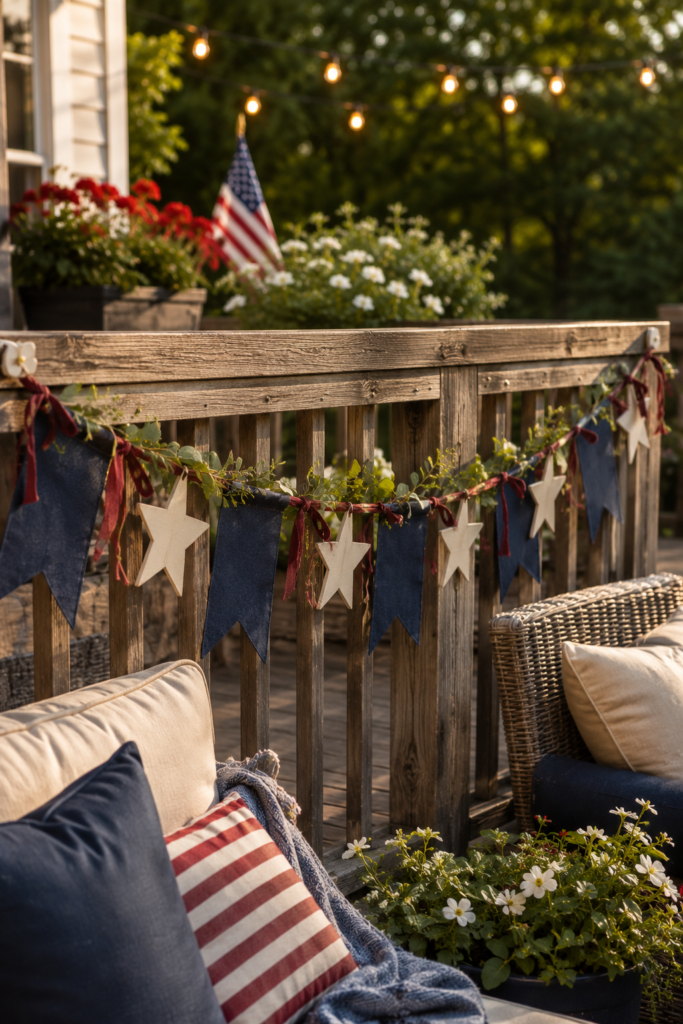 memorial day decorations with star garland across a backyard patio railing