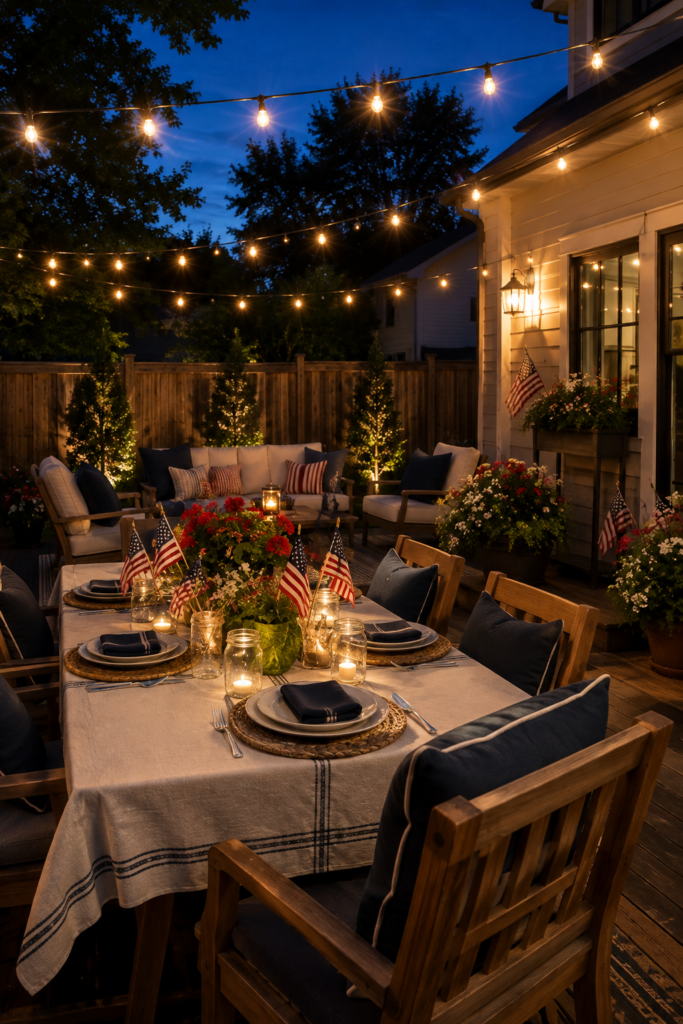 memorial day decorations with warm string lights on a patriotic patio