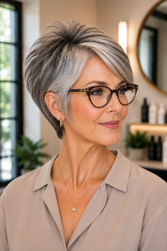 short haircut for women over 50 with glasses
