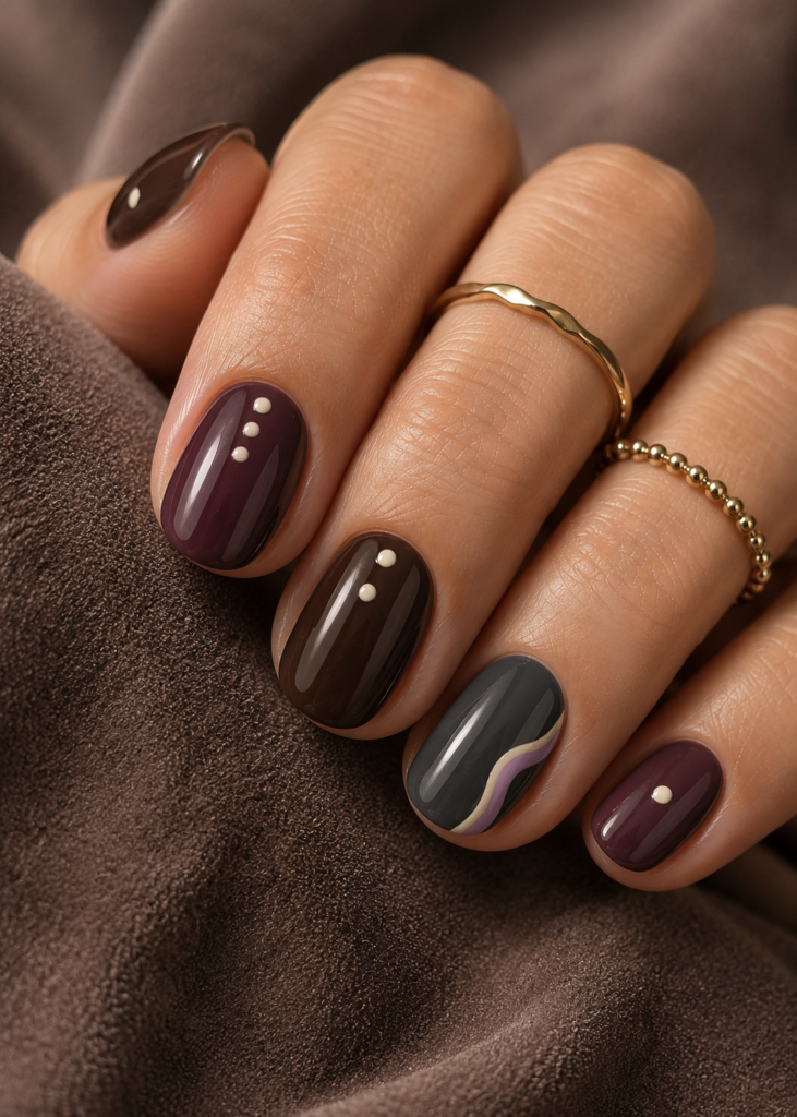 Moody espresso and plum nails with cream dots and pastel accents