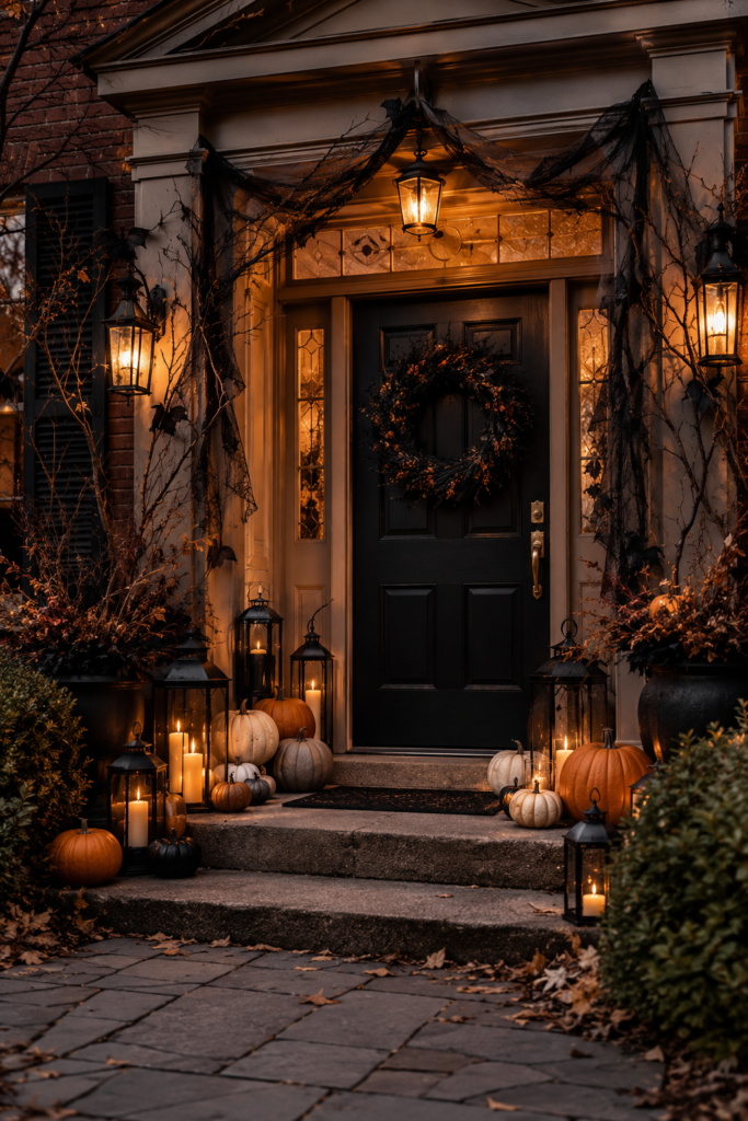 Moody Halloween front door decorated with pumpkins, lanterns, and a dark seasonal wreath