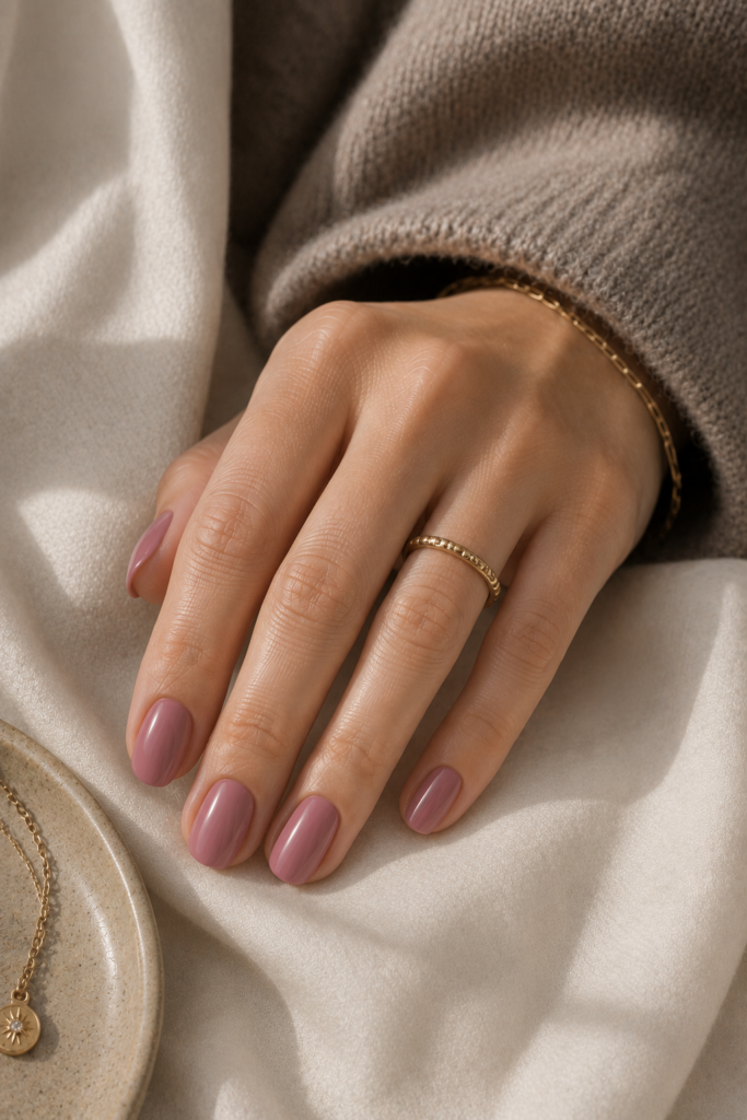 Muted dusty rose mauve oval nails with taupe cashmere and delicate gold jewelry.