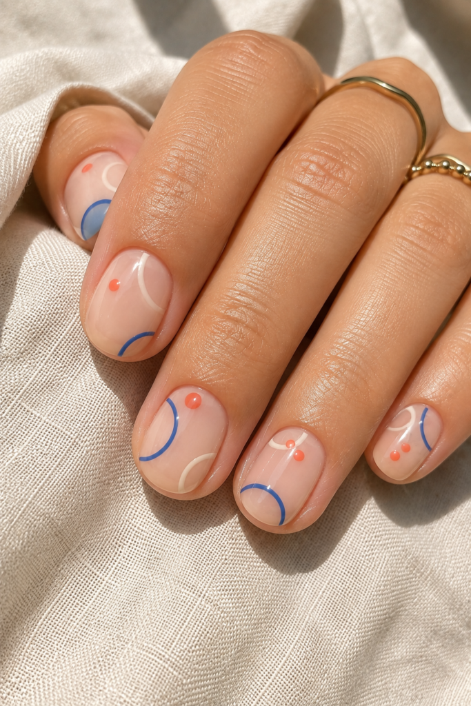 Negative space nails with coral dots and open cobalt curved accents