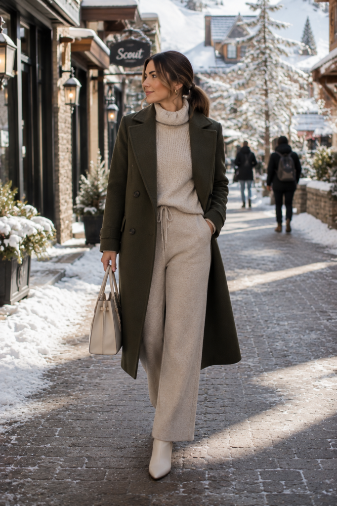 neutral winter outfits with a tonal oatmeal knit set