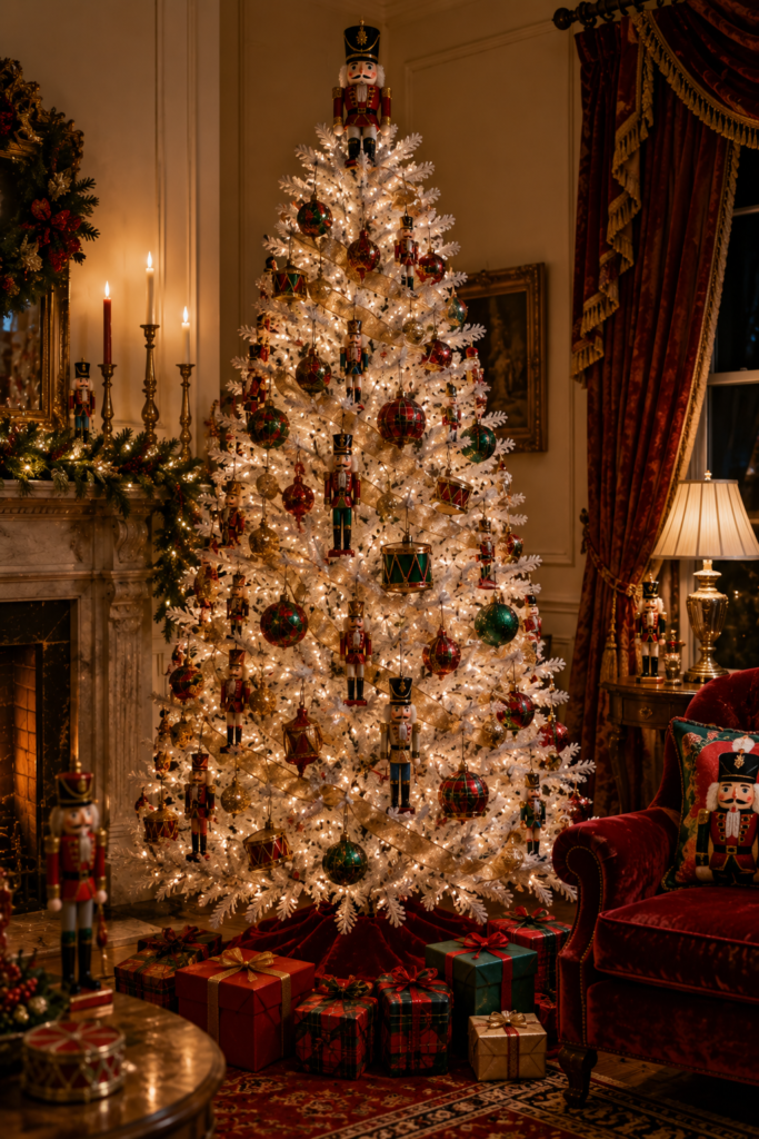 Nutcracker Christmas tree with soldier ornaments drums and red accents