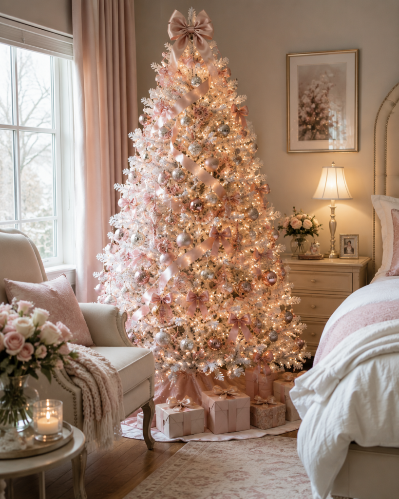 Pink and white Christmas tree with blush ornaments and satin ribbon