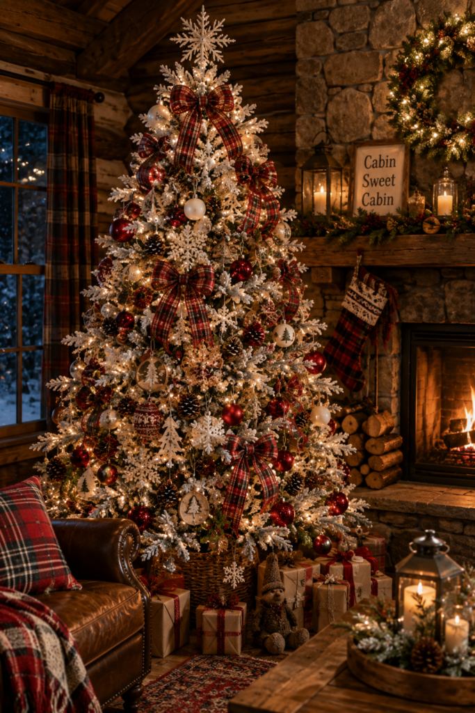 Plaid cabin Christmas tree with red plaid ribbon wood and pinecones