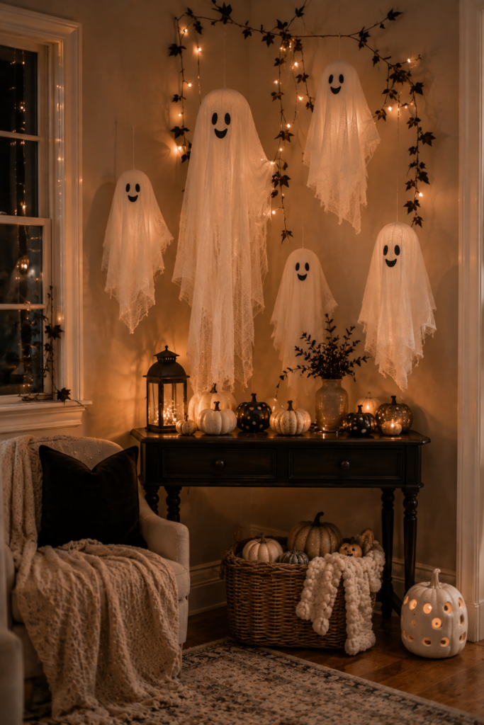 Playful Halloween ghost corner with soft white decorations and warm lights