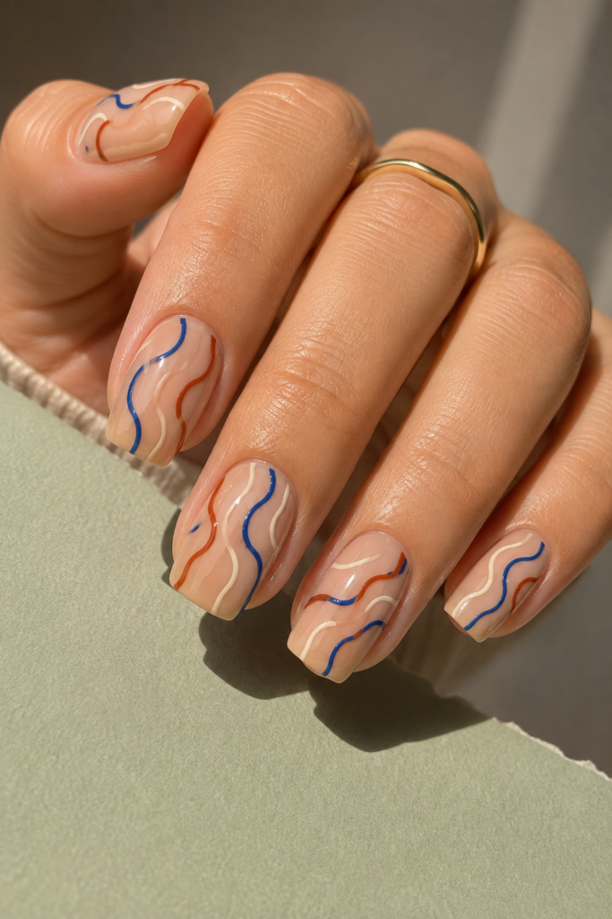 Retro nude nails with thin rust, cream, and cobalt wavy lines