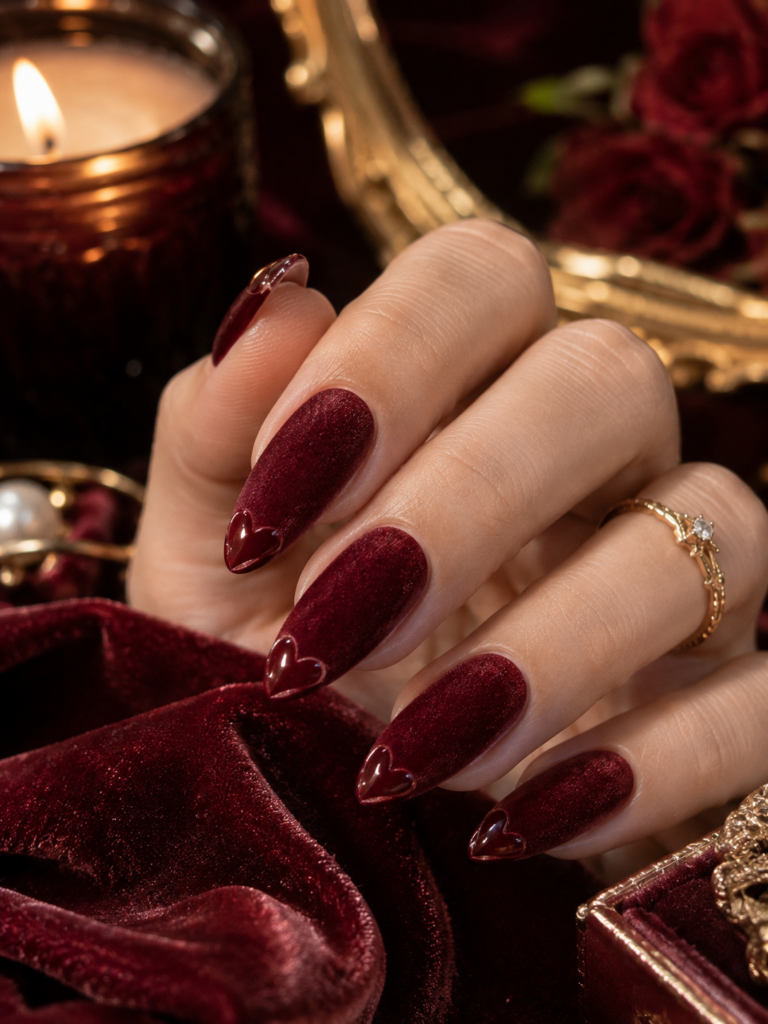 Image Prompt: Rich editorial nail photograph showing deep red velvet-finish nails with glossy heart-shaped tips, long almond shape, hand posed over burgundy velvet fabric, warm candlelike side lighting, romantic holiday dressing-table setting, close-up three-quarter angle, luxurious contrast between matte velvet and glossy hearts, precise cuticles, realistic skin texture, sophisticated Pinterest mood, elegant.
Alt Text: coquette nails with deep red velvet finish and glossy heart tips
