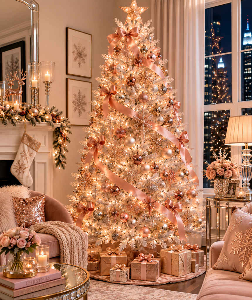 Rose gold Christmas tree with metallic ornaments champagne and satin ribbon