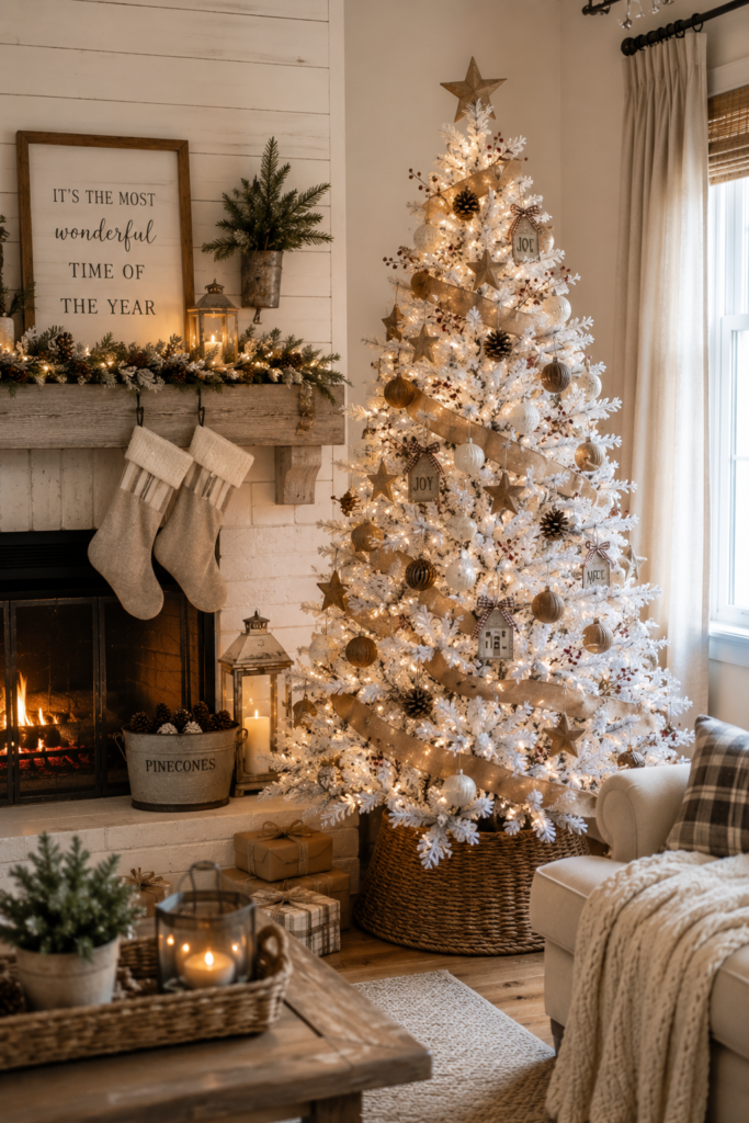 Rustic farmhouse white Christmas tree with burlap and wood accents