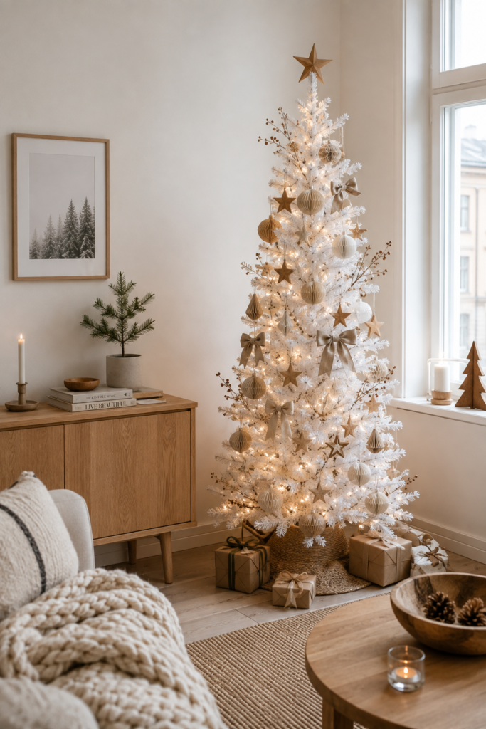 Scandinavian white Christmas tree with wood and paper ornaments