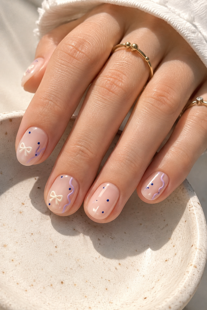 Sheer milky nails with tiny bows, dots, and lavender squiggles
