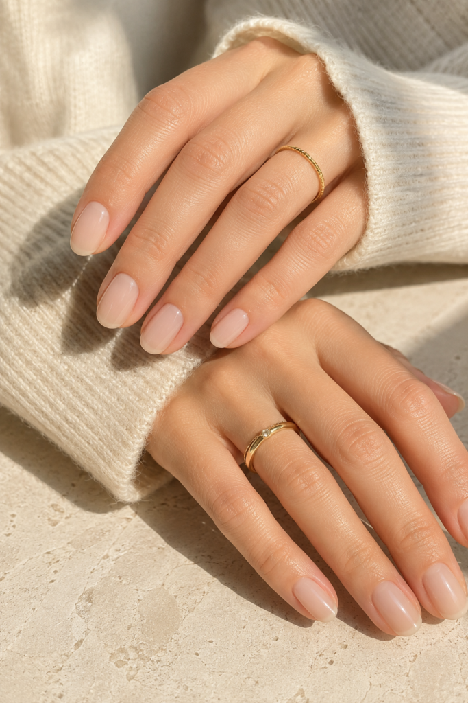 Sheer nude beige manicure on neatly shaped oval nails Sheer nude beige manicure on neatly shaped oval nails beside cream knitwear