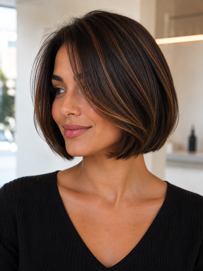 Short Chocolate Brown Bob with Caramel Highlights