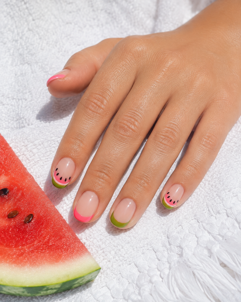 Short oval nails with glossy watermelon-pink and fresh green French tips, featuring tiny black seed accents on select nails, hand resting on a white beach towel beside a juicy watermelon wedge in bright summer sunlight.