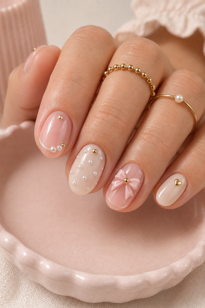 Short pink nails with tiny pearls, raised dots, bows, and charms