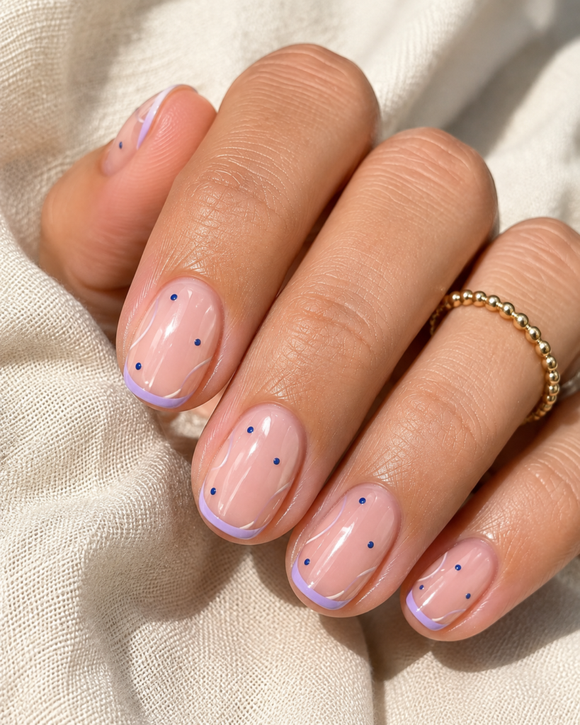 Short sheer blush nails with tiny dots and narrow playful French tips