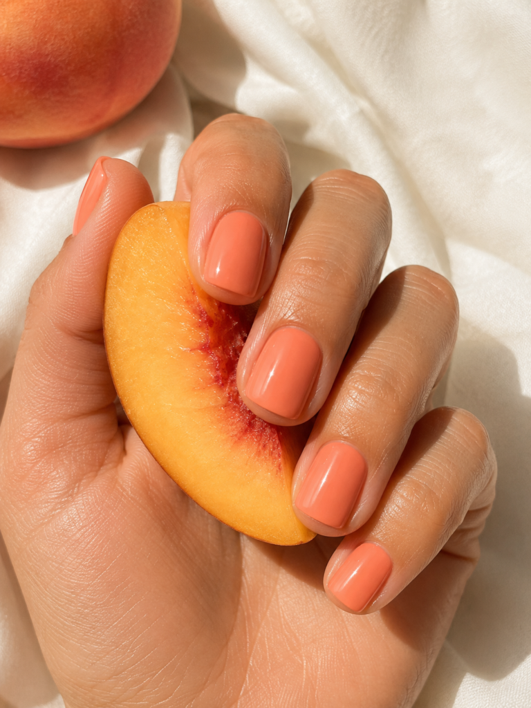 Short squoval nails in a glossy peach-coral shade, with a hand holding a fresh peach slice over pale cream fabric in warm sunlight.