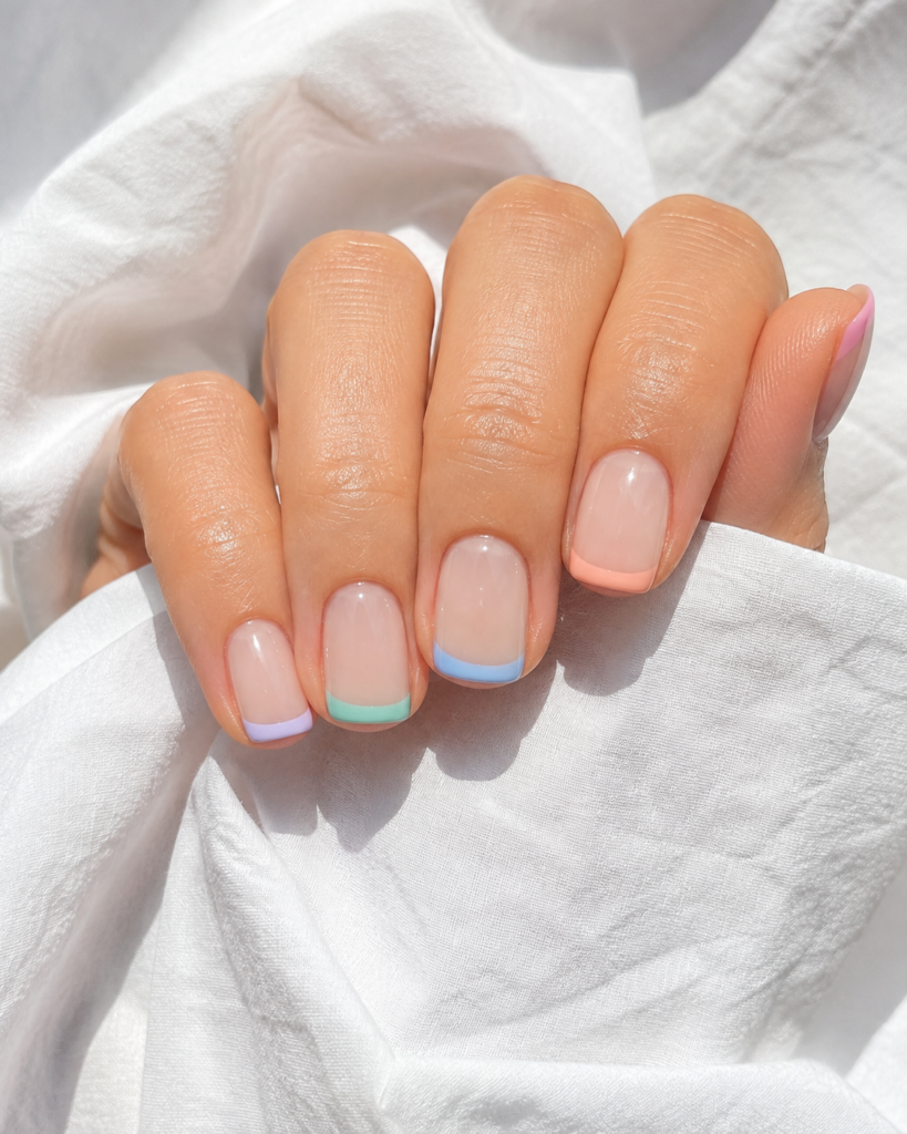 Short squoval nails with a glossy translucent nude base and assorted pastel French tips in lavender, mint, baby blue, peach, soft yellow, and blush pink, photographed over crisp white cotton in bright natural light.