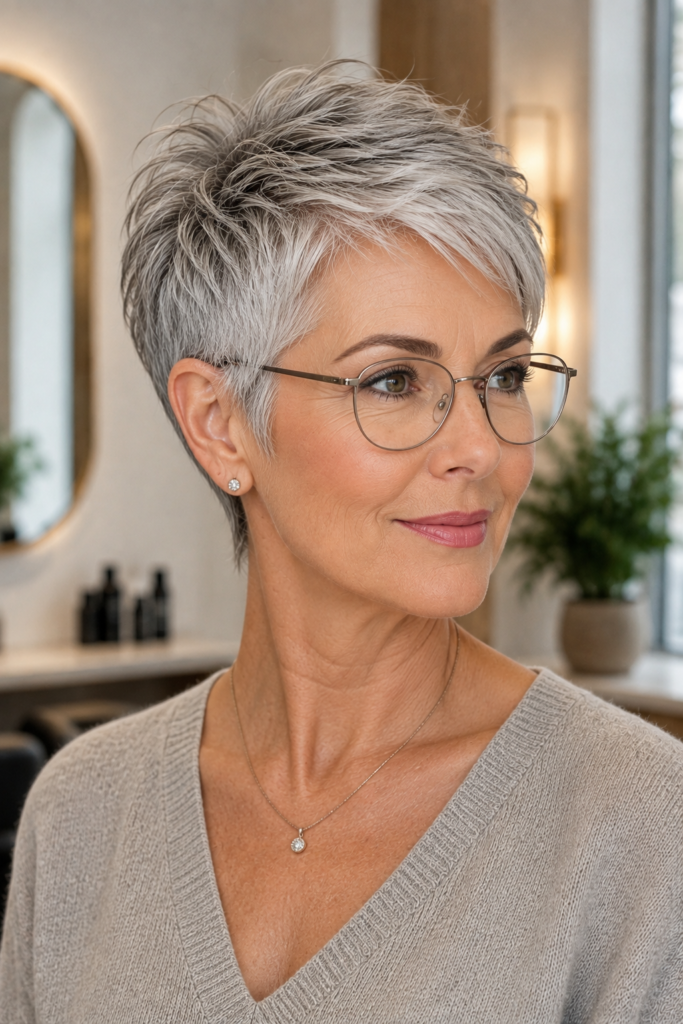 Silver tapered pixie haircut paired with thin metal glasses on a mature woman.