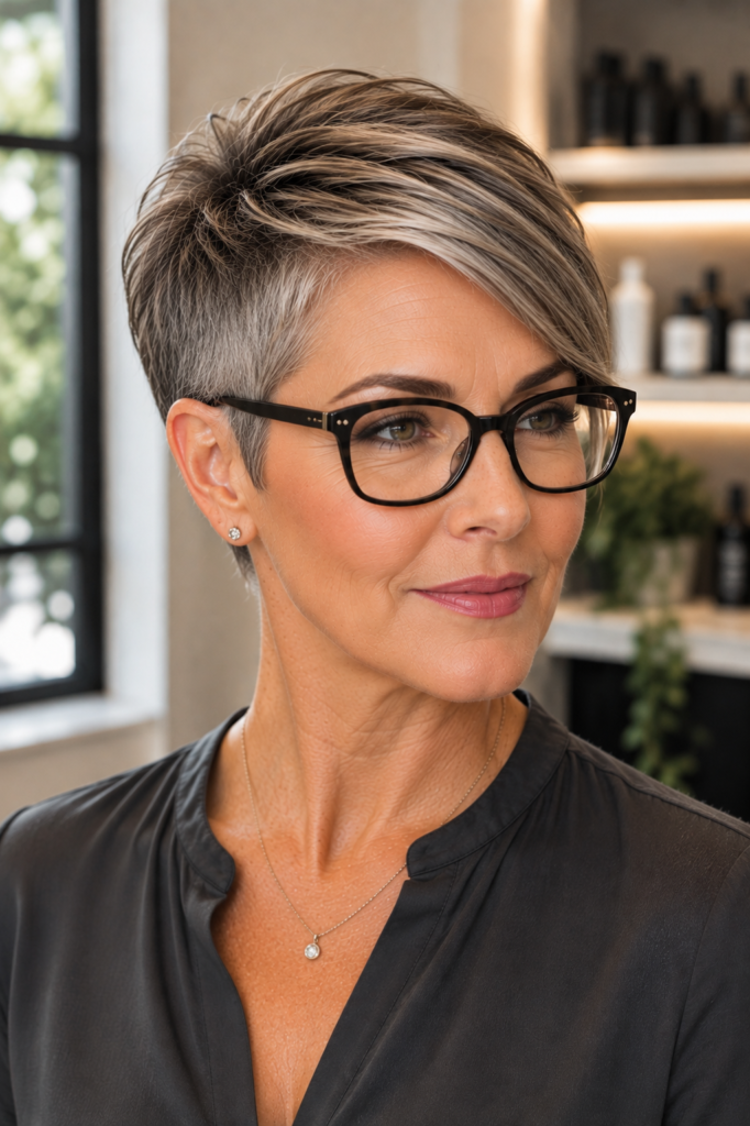 Sleek side-part crop with neatly tapered sides and black glasses.