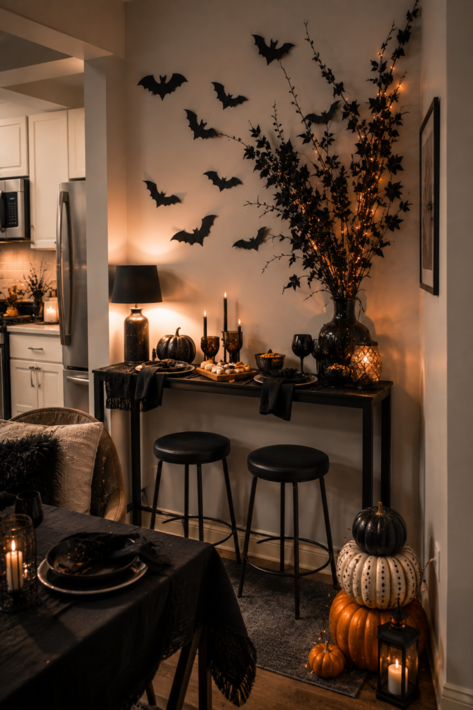 Small-space Halloween party nook with compact decor and vertical wall accents