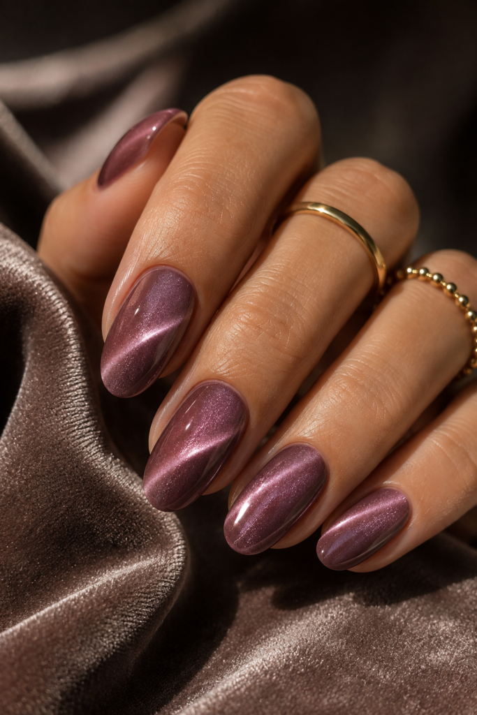 Smoky mauve cat-eye nails with diagonal velvet magnetic bands