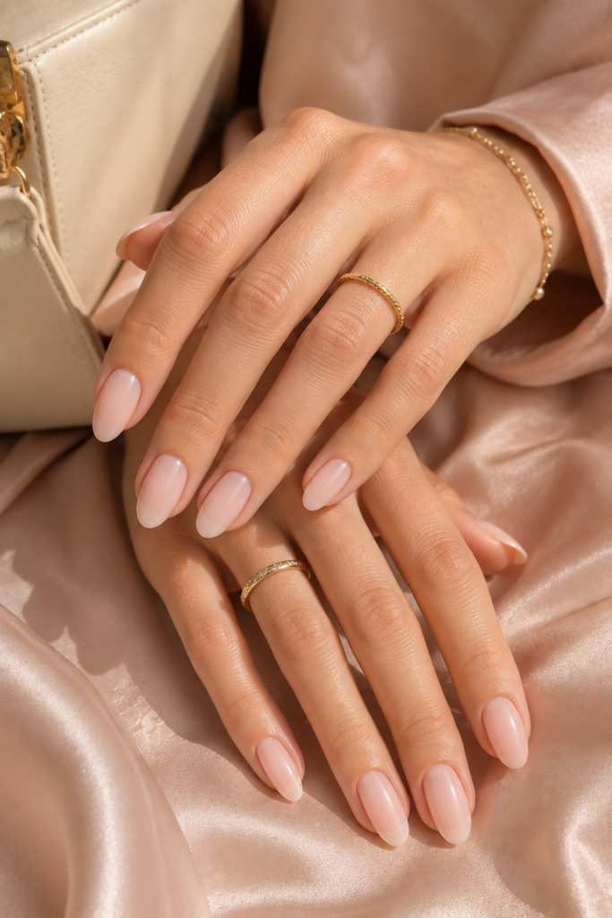 Soft milky pink almond manicure with gold jewelry and blush-toned fabric.