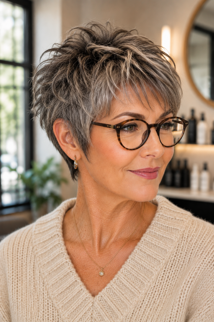 Soft shaggy pixie with salt-and-pepper hair and rounded glasses.