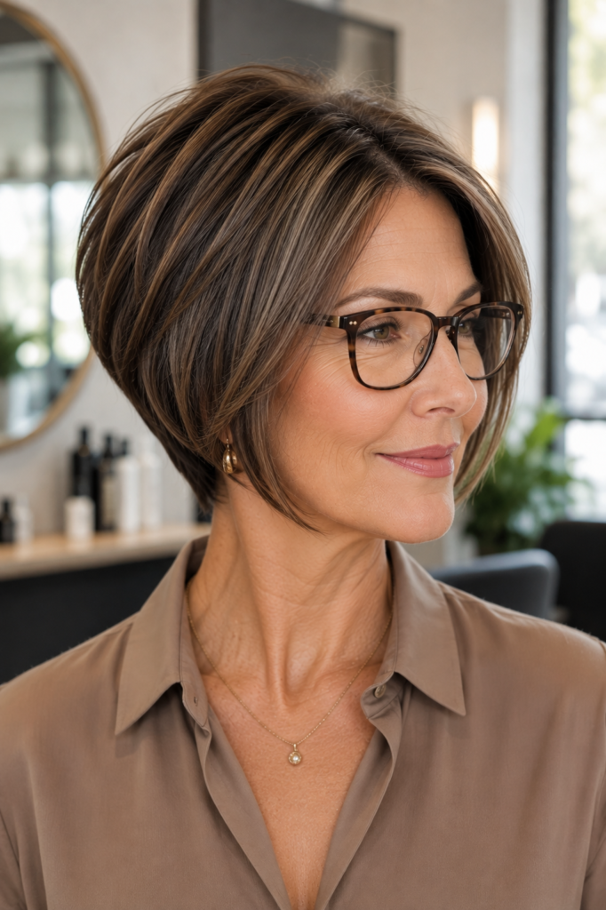 Stacked bob with a softly graduated back and rectangular glasses.
